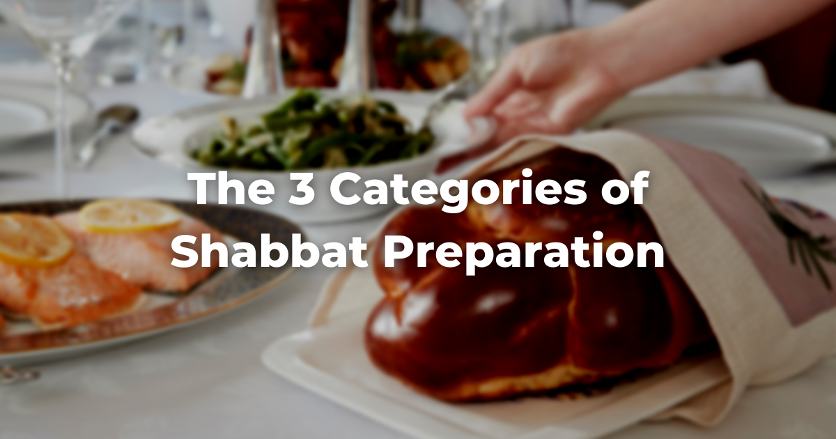 blurry image of a shabbat table with the words: The 3 Categories of Shabbat Preparation