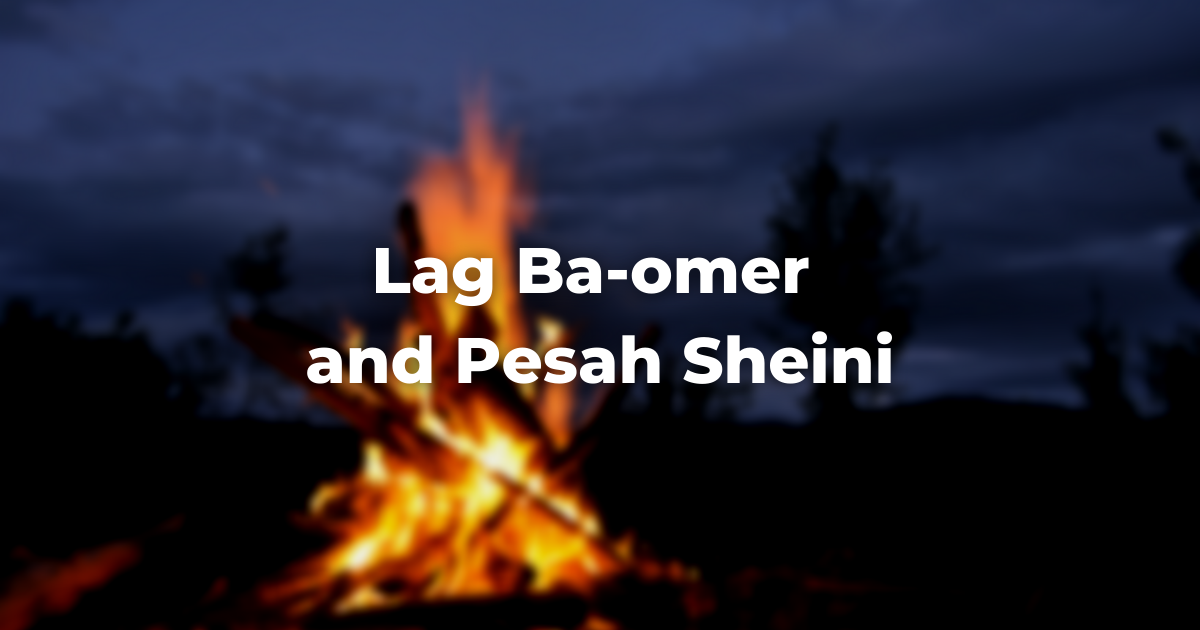 Blurry image of a bonfire and the words: Lag Ba-omer and Pesah Sheini